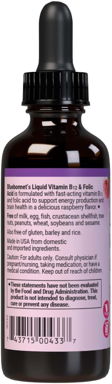 BlueBonnet Nutrition Liquid Vitamin B12 & Folic Acid – Vegan, Gluten-Free, Raspberry Flavour, 59 mL
