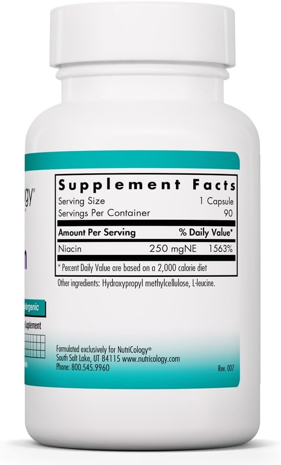 NutriCology Niacin - Vitamin B3 (Nicotinic Acid) - Supports Energy Metabolism & Redox Function - Hypoallergenic - 90 Capsules