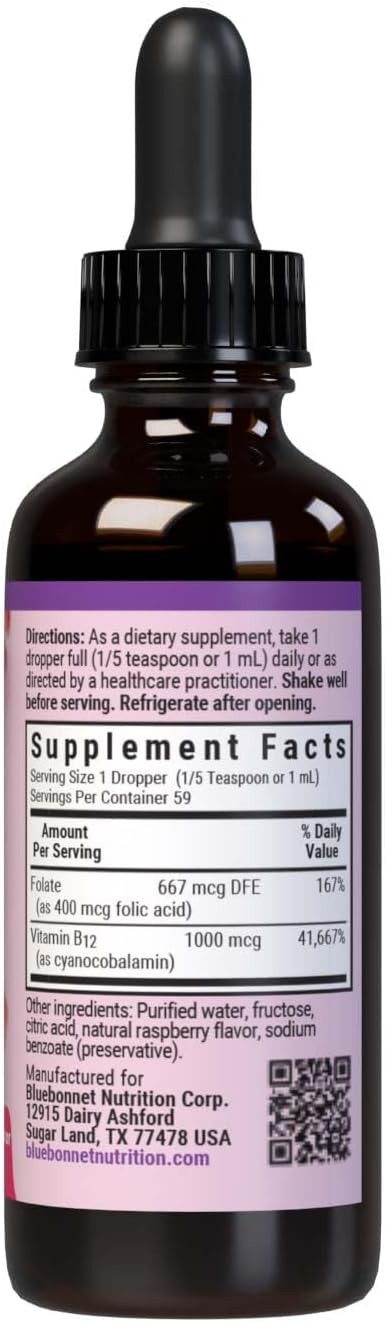 BlueBonnet Nutrition Liquid Vitamin B12 & Folic Acid – Vegan, Gluten-Free, Raspberry Flavour, 59 mL