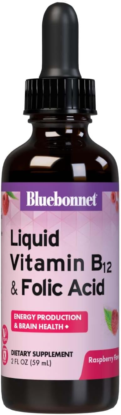 BlueBonnet Nutrition Liquid Vitamin B12 & Folic Acid – Vegan, Gluten-Free, Raspberry Flavour, 59 mL
