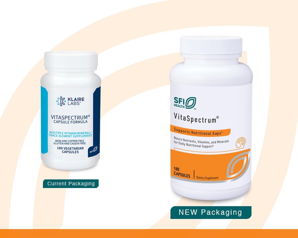 Klaire Labs SFI Health VitaSpectrum Capsules - Multivitamin for Kids with 28 Essential Nutrients Including Folate, B12, B6, Antioxidants, Vitamin E & D3 - No Copper or Iron, Gluten-Free (180ct)
