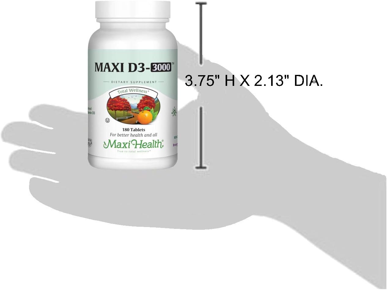 Maxi Health Vitamin D3 3000 IU (75 mcg) Supplement – Non-GMO, Kosher, 180 Tablets