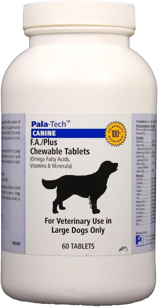 Pala-Tech FA Plus Chewable Tablets for Large Dogs – Omega-3 & 6 Fatty Acids, Skin & Coat Support, 60 Count