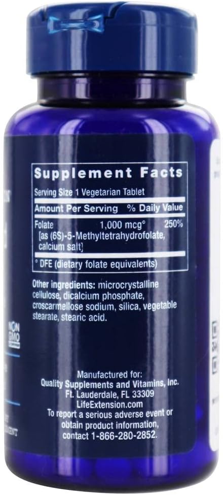 Life Extension Optimised Folate (L-Methylfolate), 1000 mcg, 100 Vegetarian Tablets (3-Pack)