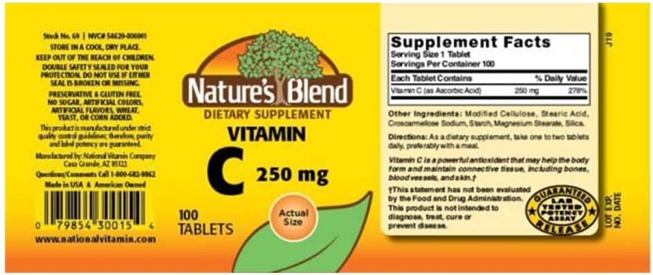 Nature's Blend Vitamin C 250 mg Tablets, 100 Count