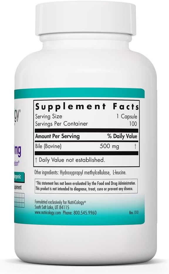 NutriCology Ox Bile 500 mg – Concentrated Bile Salts to Support Fat Digestion – 180 Capsules
