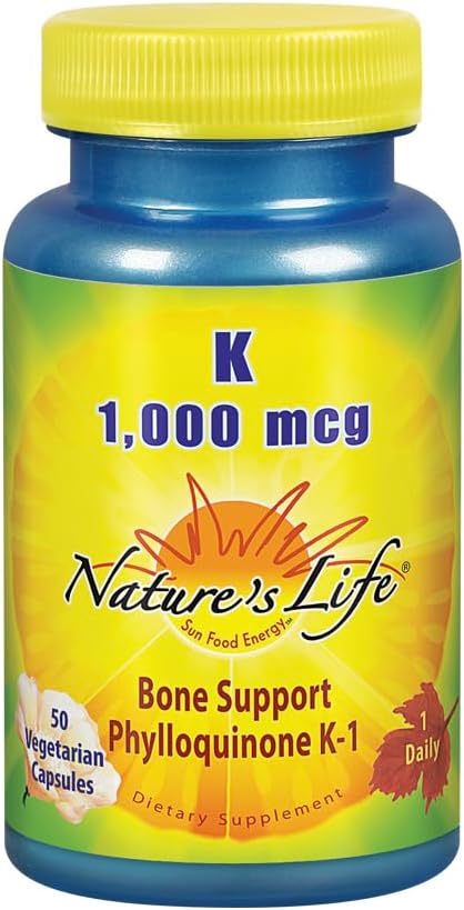Nature's Life Vitamin K 1000 mcg | Phylloquinone K-1 Supplement for Bone and Heart Health | 50 Vegetarian Capsules