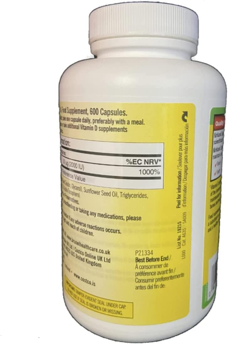 Kirkland Maximum Strength Vitamin D3 600 Softgels, Pack of 2