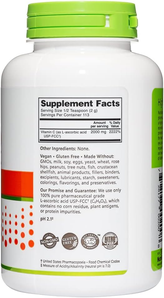NutriBiotic Ascorbic Acid Vitamin C Powder - Pharmaceutical Grade, 2000 mg per Serving, 227 g