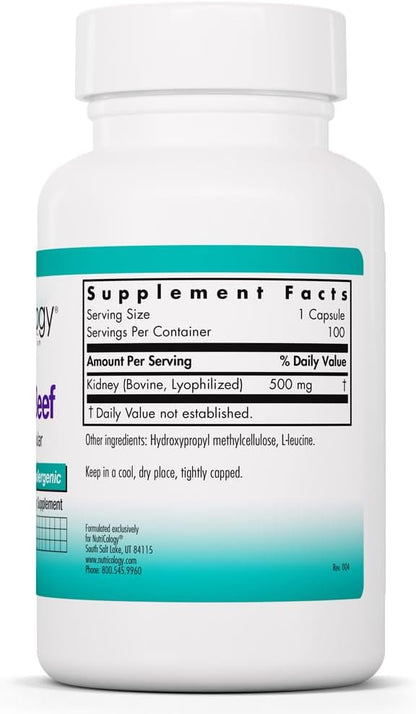 Allergy Research Group NutriCology Kidney Beef - 500 mg Bovine Kidney Glandular Supplement - Freeze-Dried - 100 Vegicaps