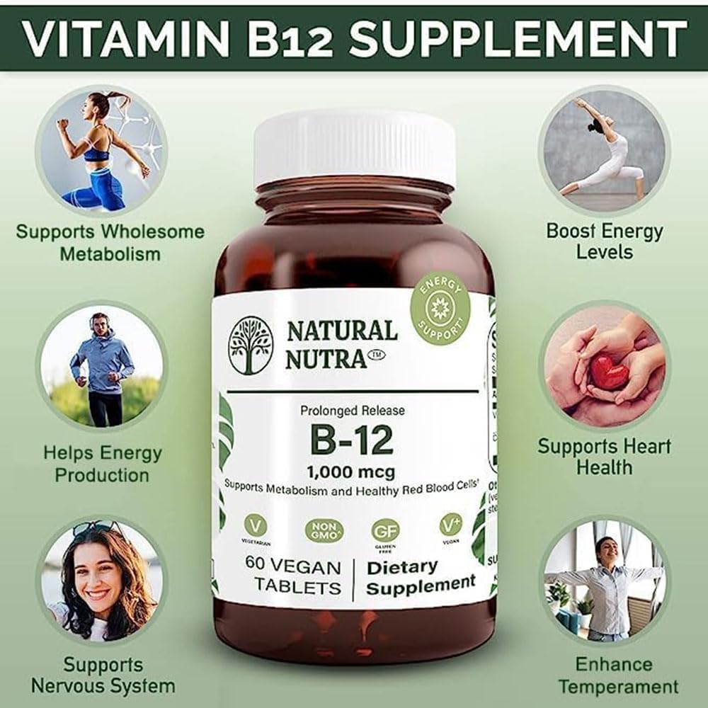 Natural Nutra Vitamin B12 1000 mcg, Cobalamin B12 Supplement, Calcium Phosphate, Supports Metabolism Health, Nervous System Support, Optimal Absorption, Gluten-Free, Sugar-Free, 60 Vegan Tablets