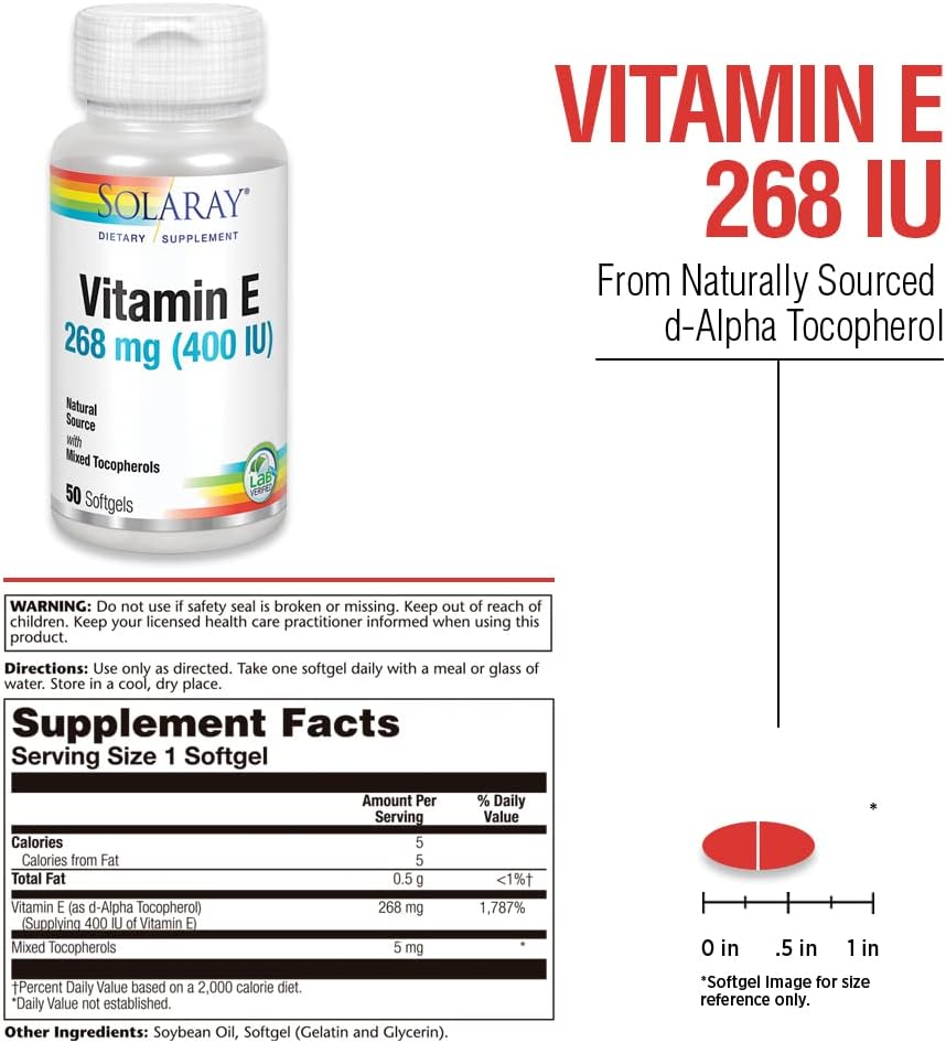SOLARAY Vitamin E d-Alpha Tocopherol 268 mg (400 IU) - Heart & Skin Health, Antioxidant Support (50 Softgels)