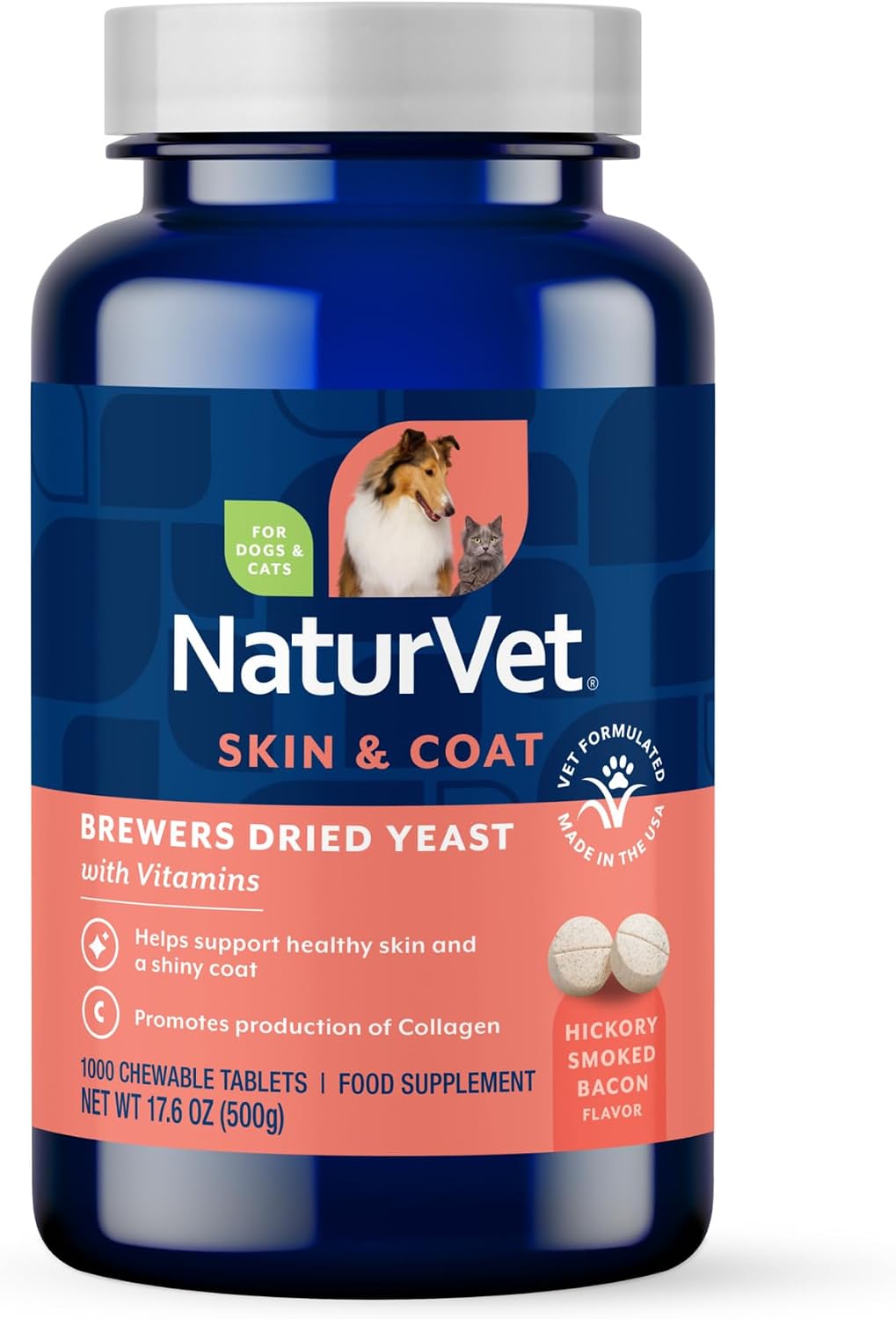 NaturVet Brewer's Dried Yeast Formula with Garlic Flavouring Plus Omegas - Rich in Omega-3, 6 & 9 Fatty Acids - Fortified with B1, B2, Niacin & Vitamin C - for Dogs & Cats, 1000 Chewable Tablets