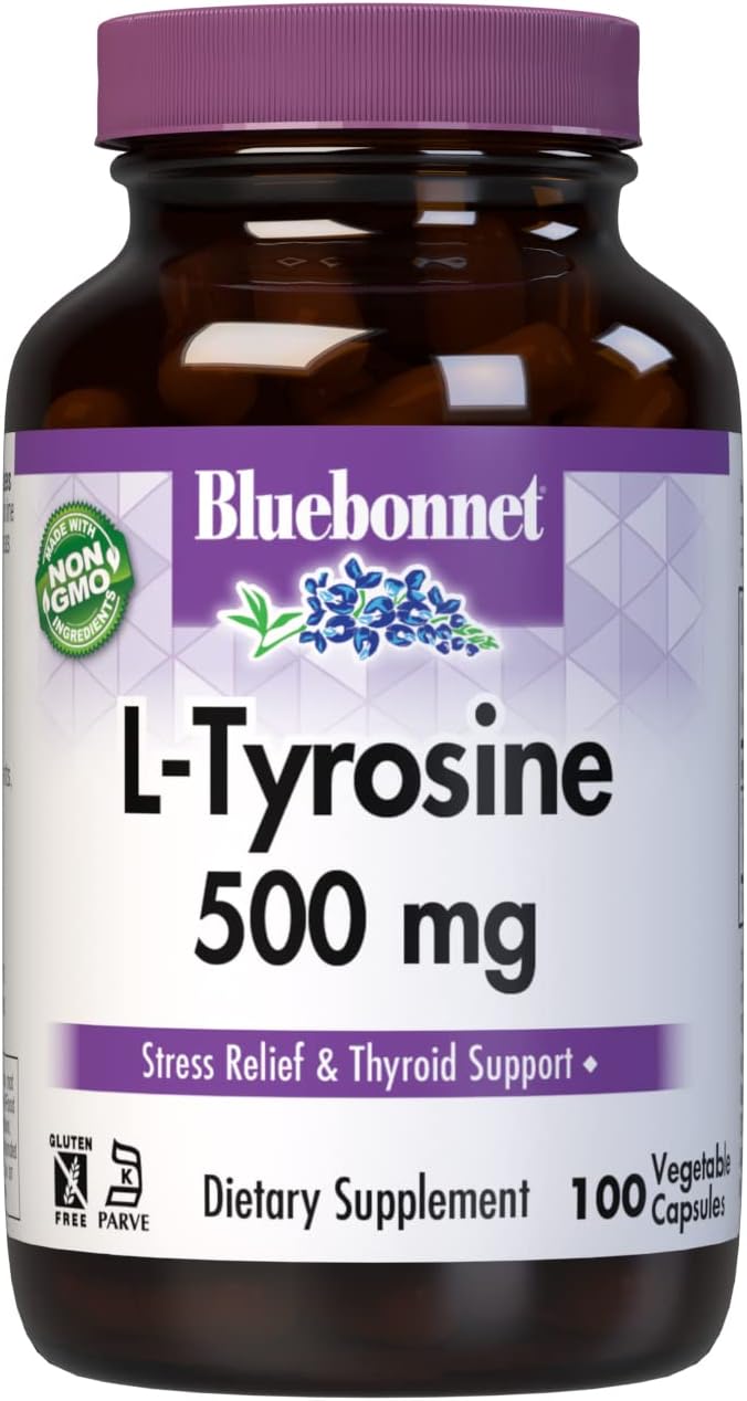 Bluebonnet L-Tyrosine 500 mg, 100 Vegan Capsules - Free-Form Amino Acid Supplement - görsel 1