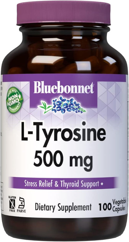 Bluebonnet L-Tyrosine 500 mg, 100 Vegan Capsules - Free-Form Amino Acid Supplement
