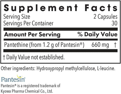 ARG Pantethine - 660 mg Vitamin B5 Metabolite - Hypoallergenic - 60 Capsules