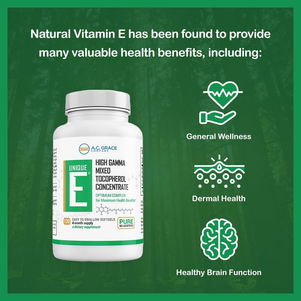 UNIQUE E Mixed Tocopherols – 120 Soft Gels, Natural Vitamin E for Brain Health & Aging Support