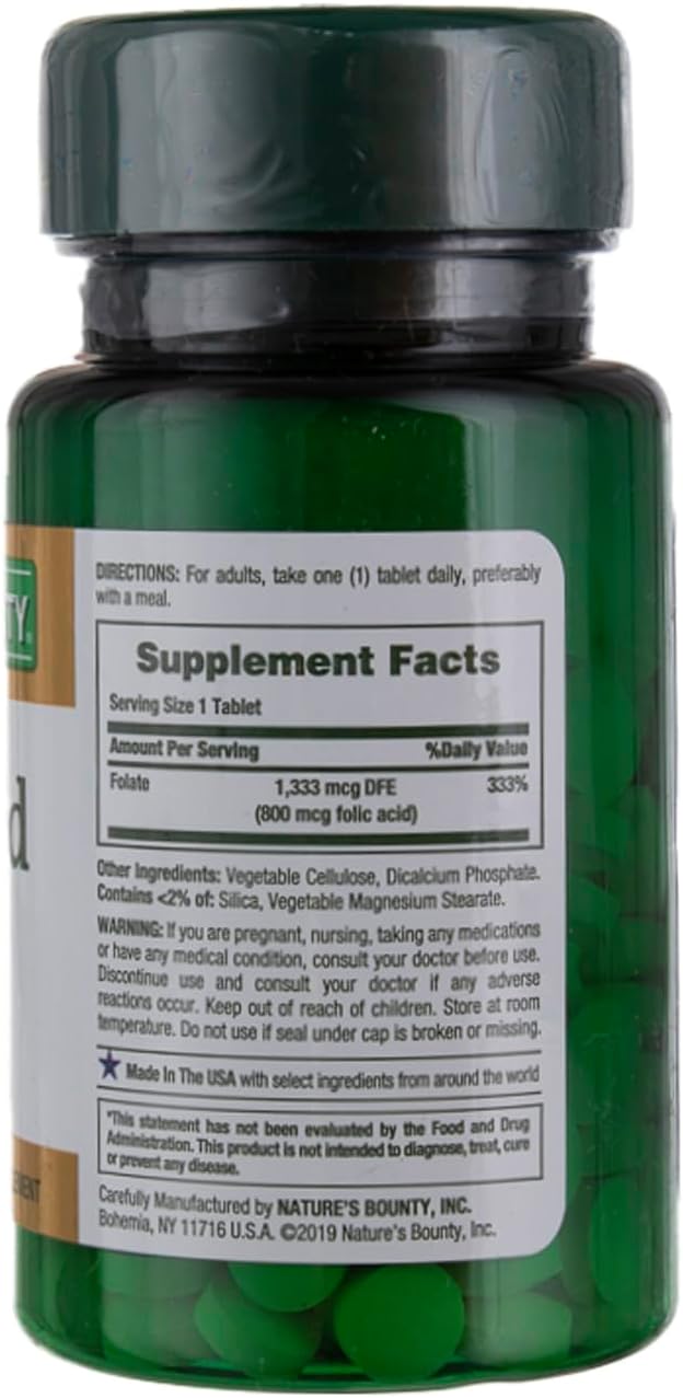 Nature's Bounty Folic Acid 800 mcg Tablets, 250 Count