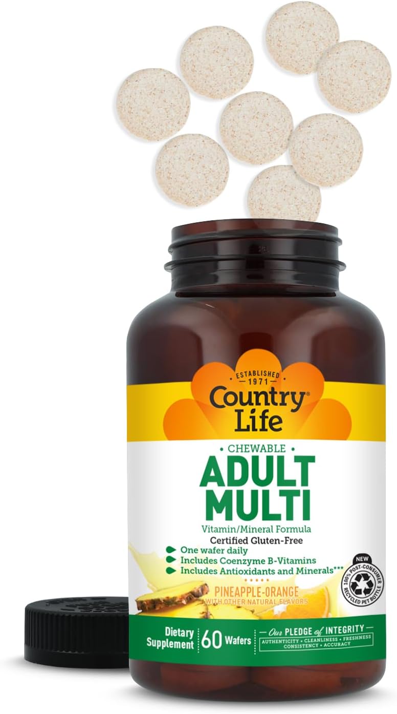 Country Life Adult Chewable Multivitamin with Coenzyme B-Vitamins, Antioxidants, Minerals, Pineapple-Orange Flavour - Gluten-Free - 60 Wafers