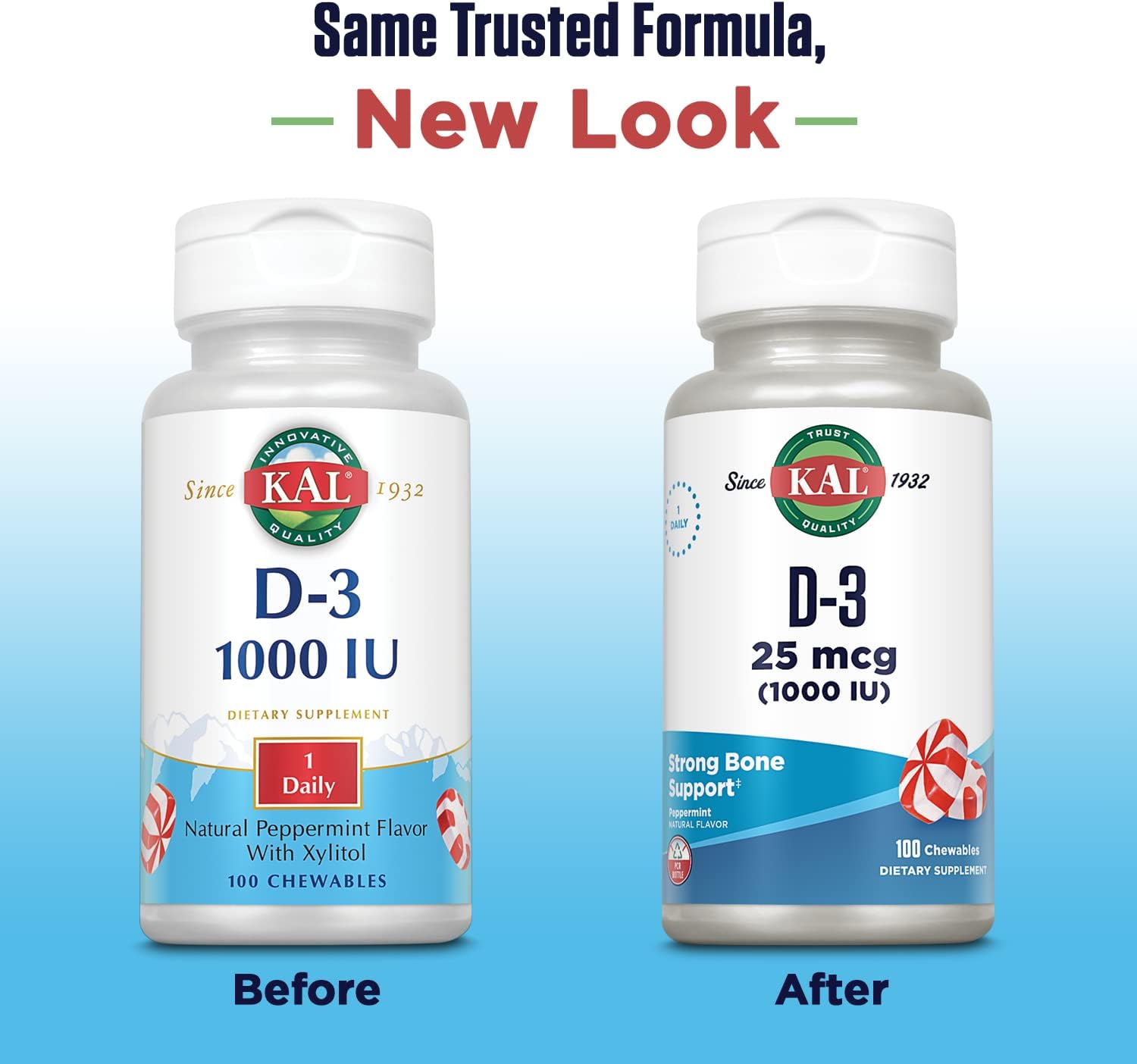 KAL Vitamin D3 1000 IU Chewable Tablets - Natural Peppermint Flavour, 100 Count