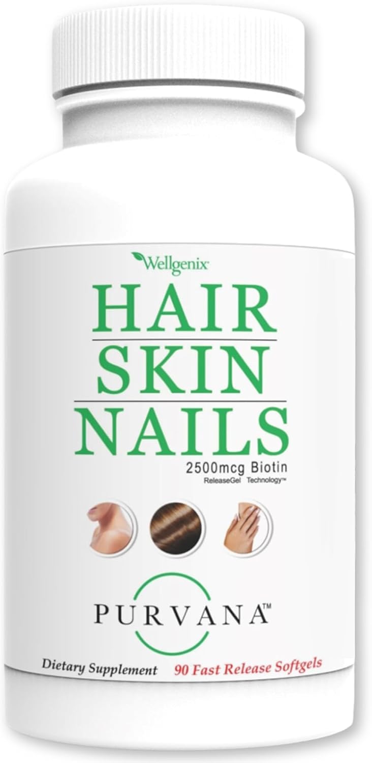 Wellgenix Purvana Hair, Skin and Nails Supplement – 2500mcg Biotin with MSM & B-Complex, 90 Softgels