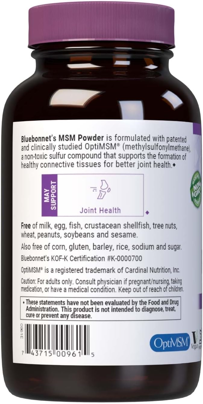 BlueBonnet Nutrition MSM Powder 2600 mg - OptiMSM Methylsulfonylmethane - Non-GMO, Vegan, Gluten-Free - 227 g (8 oz) - 87 Servings