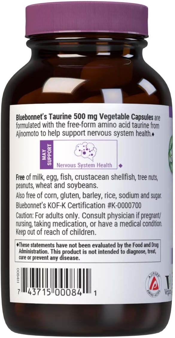 Bluebonnet Taurine 500 mg – Free-Form Amino Acid – 50 Vegetable Capsules