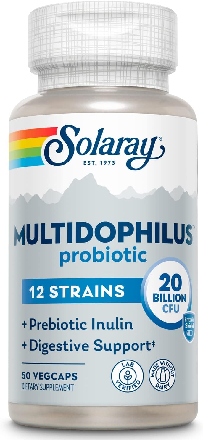 SOLARAY Multidophilus 12 Strain Probiotic 20 Billion CFU - Digestive Health & Immune Support with Prebiotic Inulin, Dairy-Free, 50 Enteric VegCaps