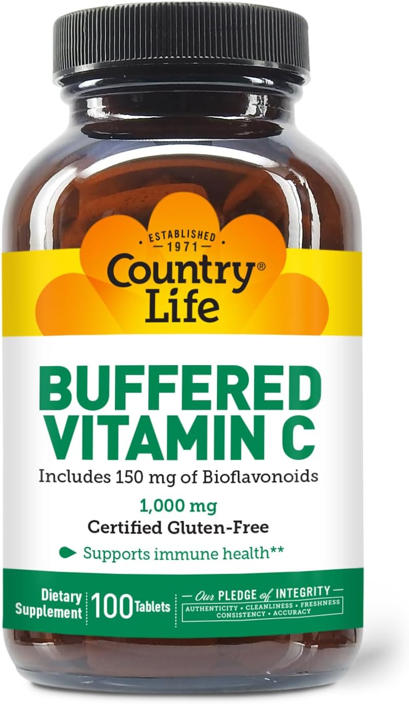 Country Life Buffered Vitamin C 1000 mg with Bioflavonoids, Calcium, Magnesium, Potassium – Vegan, Gluten-Free – 100 Tablets