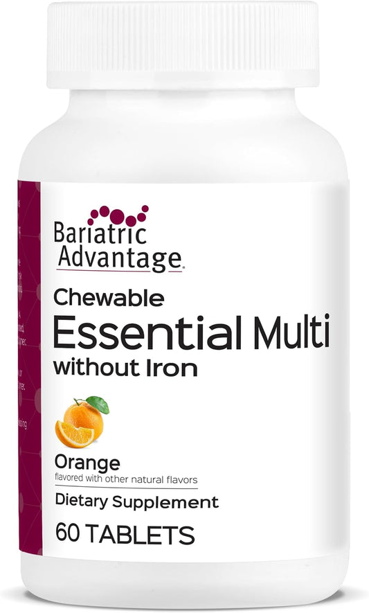 Bariatric Advantage Chewable Essential Multivitamin Without Iron - 200% DV Key Nutrients & Trace Minerals - Orange Flavour - 60 Chewable Tablets