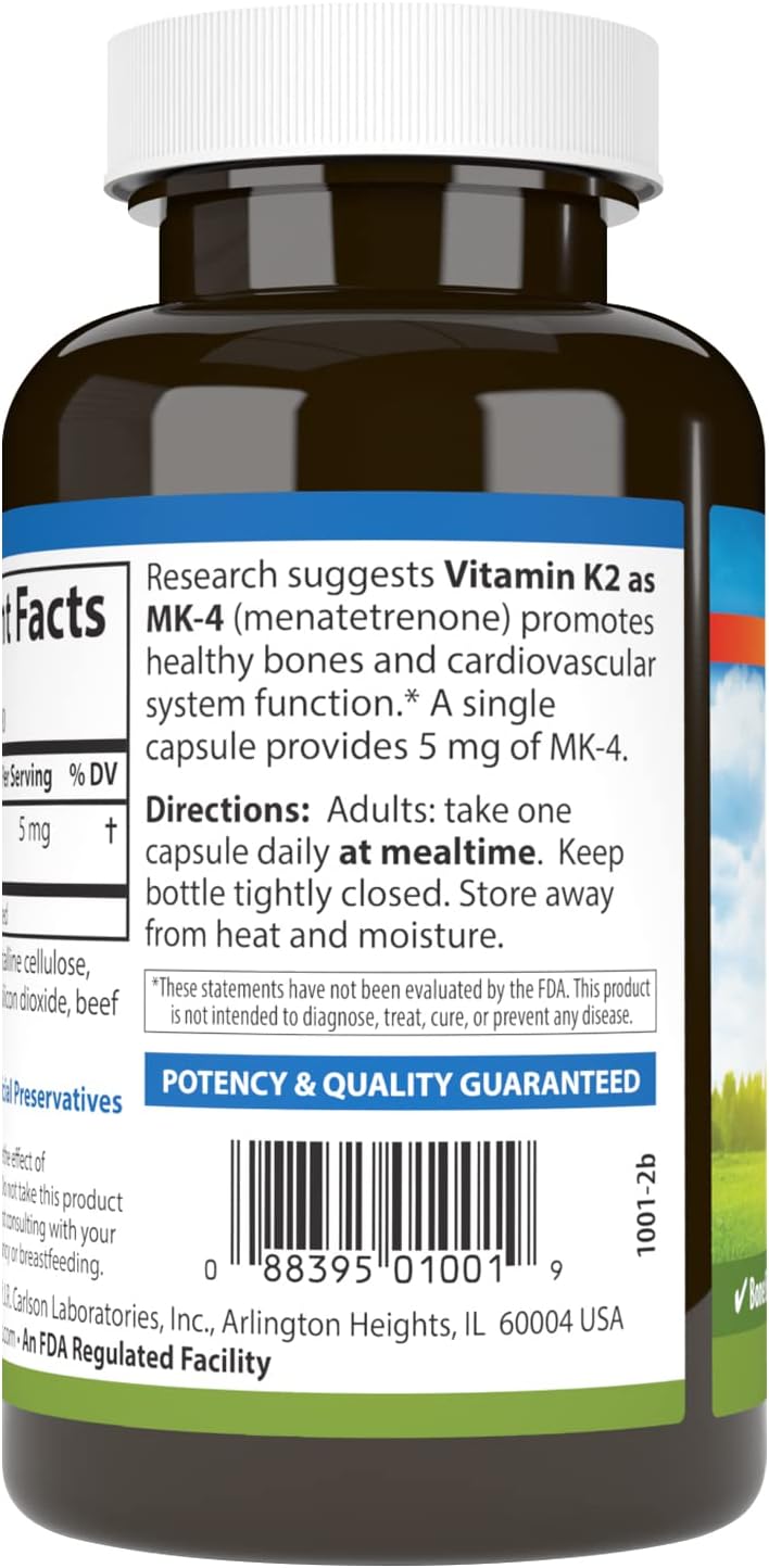 Carlson - Vitamin K2, MK-4 (Menatetrenone) - Bone & Heart Health Supplement - Soy-Free - 180 Capsules
