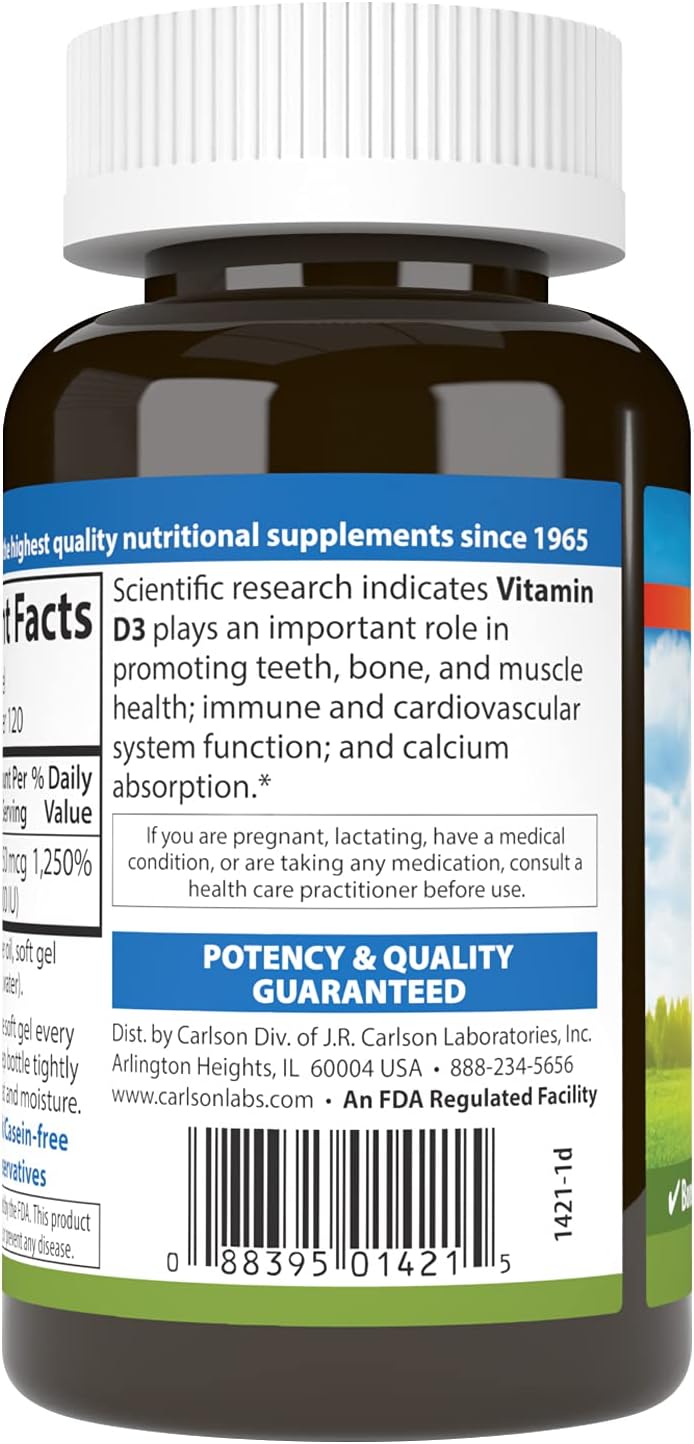 Carlson Vitamin D3 10,000 IU (250 mcg) – Bone, Immune & Cardiovascular Support, 120 Softgels