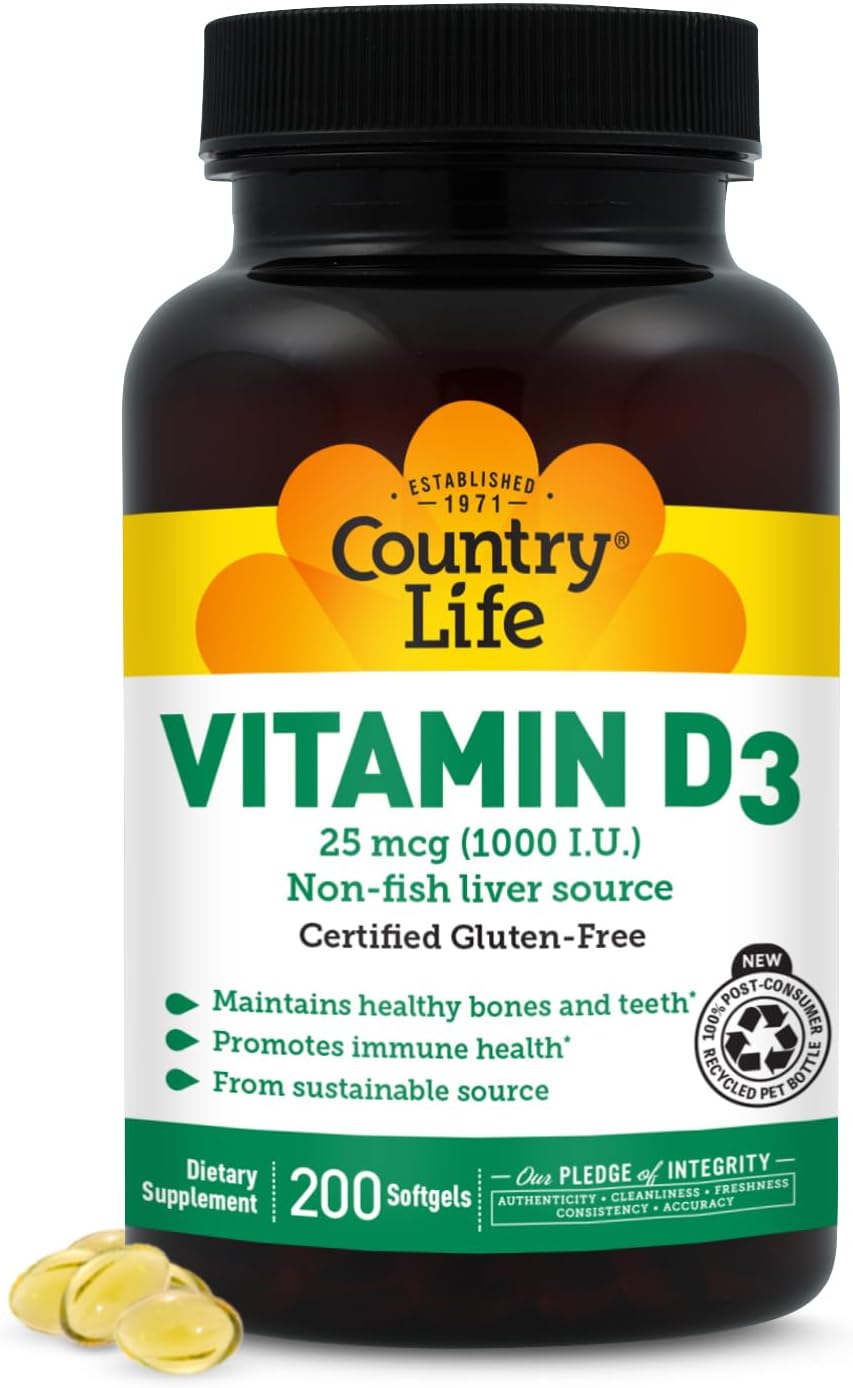 Country Life Vitamin D3 1000 IU (25 mcg) Softgels – 200 Count