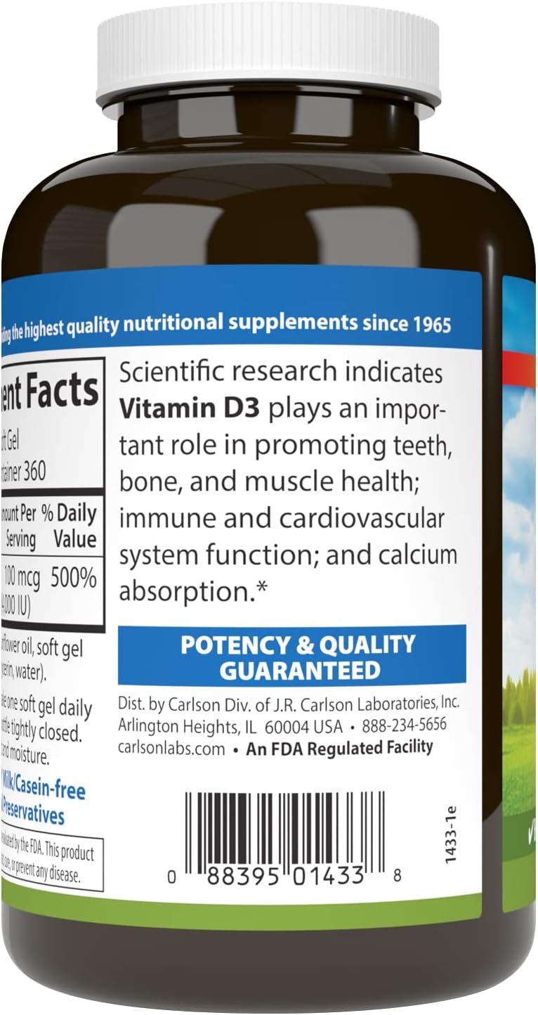 Carlson Vitamin D3 4000 IU (100 mcg) – Immune Support, Bone Health, Muscle Health – 360 Softgels