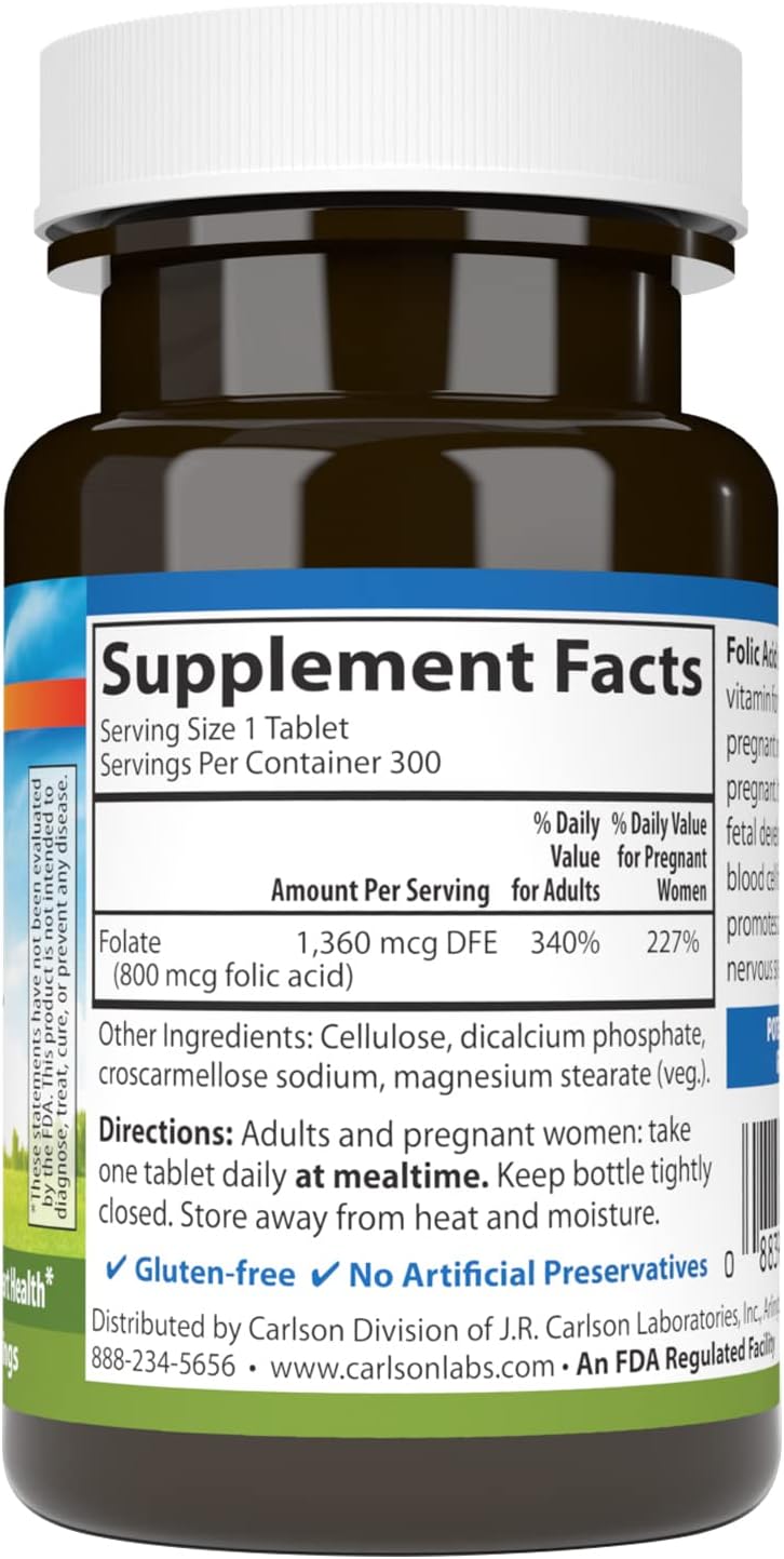 Carlson – Folic Acid, 800 mcg, Provides Important Prenatal Support, 300 Tablets