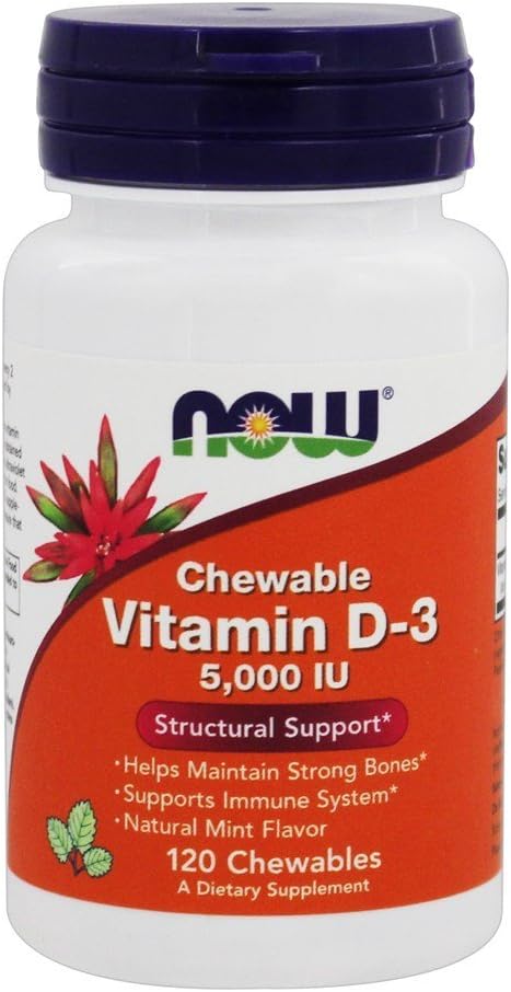 NOW Foods Vitamin D3 5000 IU Chewable, Mint, 120 Chewable Tablets