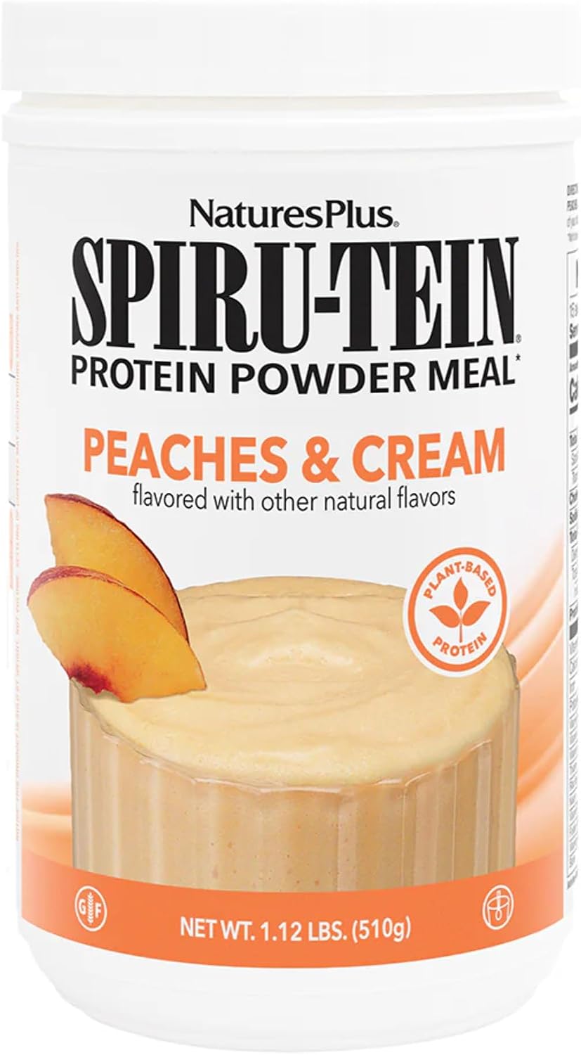 NaturesPlus SPIRU-TEIN, Peaches & Cream - Plant-Based Protein Powder with Vitamins & Minerals, 1.12 lb (508 g, 15 Servings)