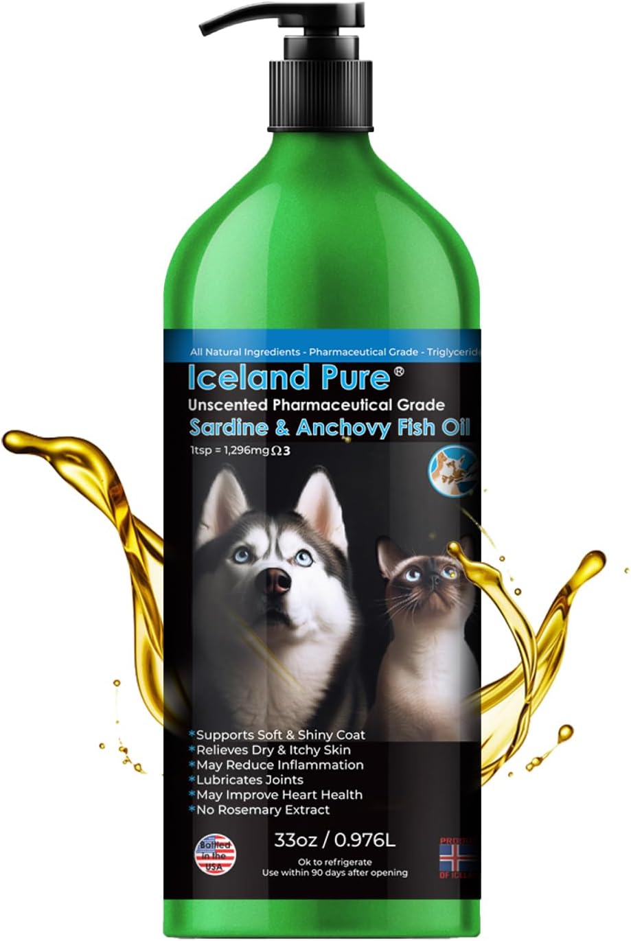 Sardine Anchovy Oil | 1296mg Omega | Unscented Pharmaceutical Grade | For Dogs & Cats | BPA-Free Brushed Aluminium Epoxy Coated Bottle with Pump 33 OZ