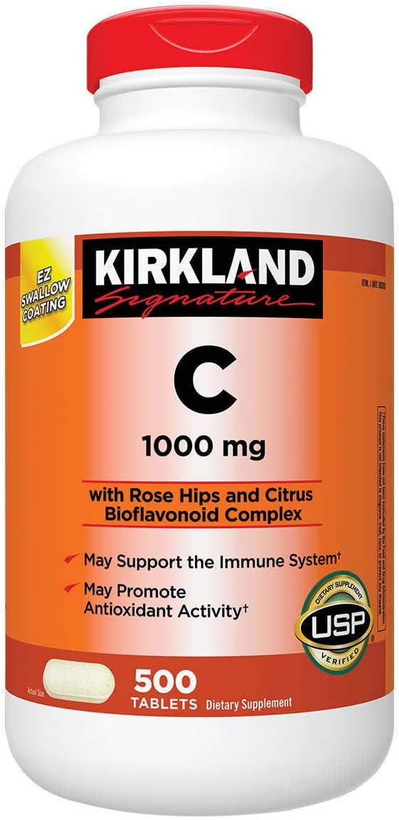 Kirkland Signature Vitamin C 1000mg with Rose Hips – 500 Tablets (Pack of 2)