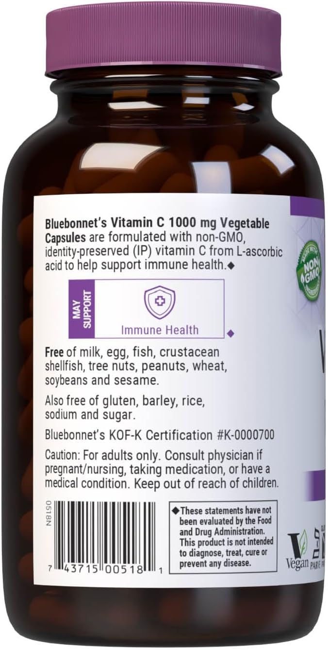 Bluebonnet Nutrition Vitamin C 1000 mg Vegetable Capsules – Ascorbic Acid for Immune and Skin Health