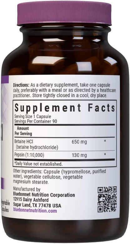 BlueBonnet Betaine HCl Plus Pepsin Vegetarian Capsules, 90 Count