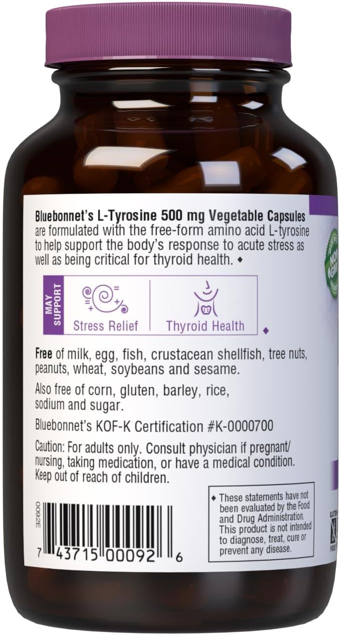 Bluebonnet L-Tyrosine 500 mg, 100 Vegan Capsules - Free-Form Amino Acid Supplement - görsel 3