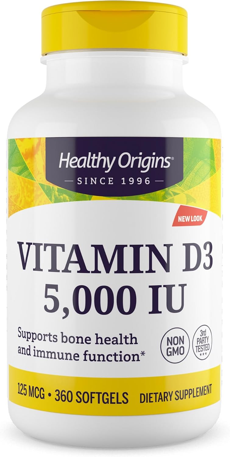 Healthy Origins Vitamin D3 5,000 IU - High Potency Softgels for Immune & Bone Support, Non-GMO, Gluten Free, 120 Count