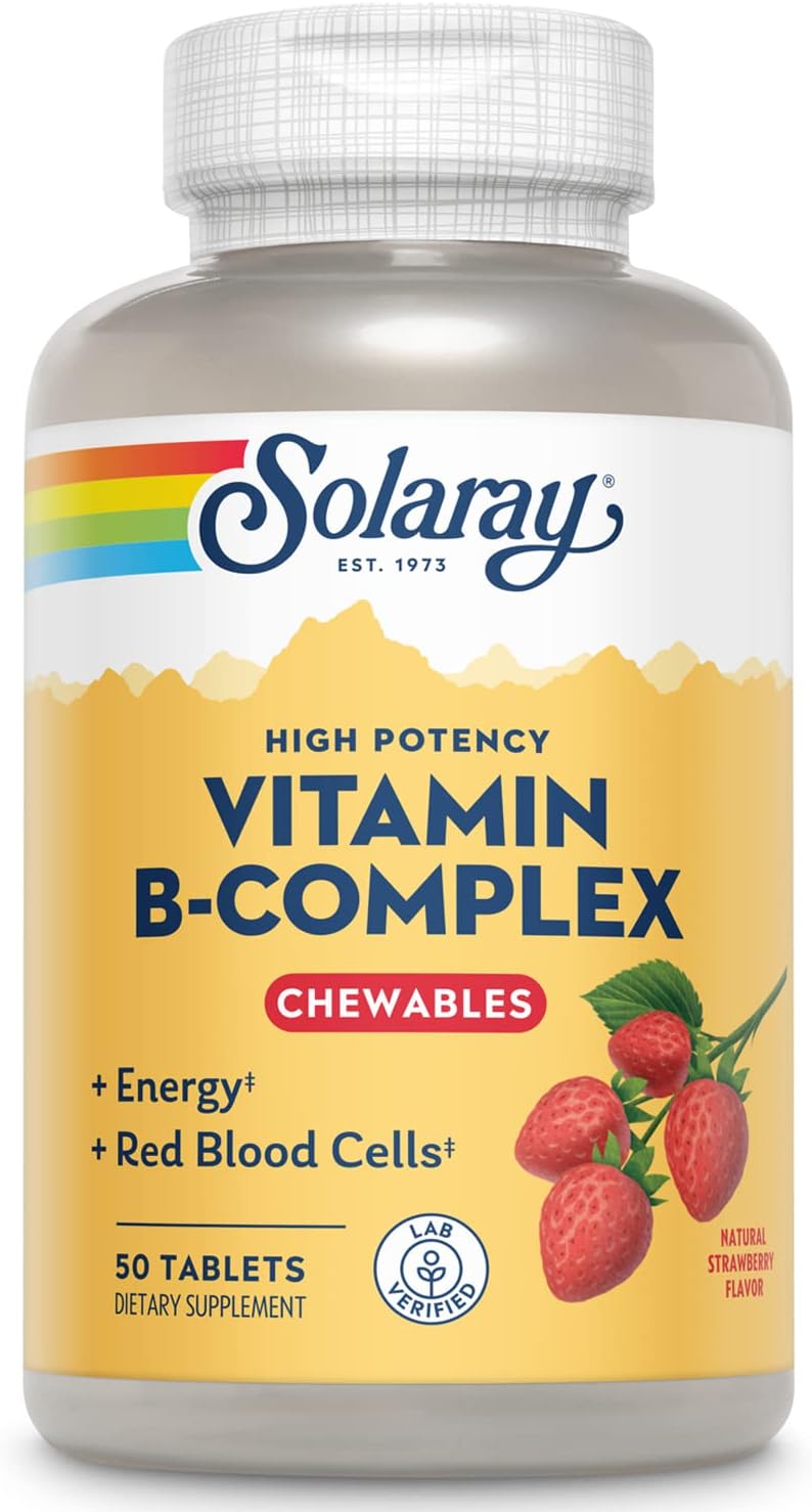 SOLARAY Vitamin B-Complex Chewables – Strawberry Flavour – Energy & Stress Support – 50 Tablets