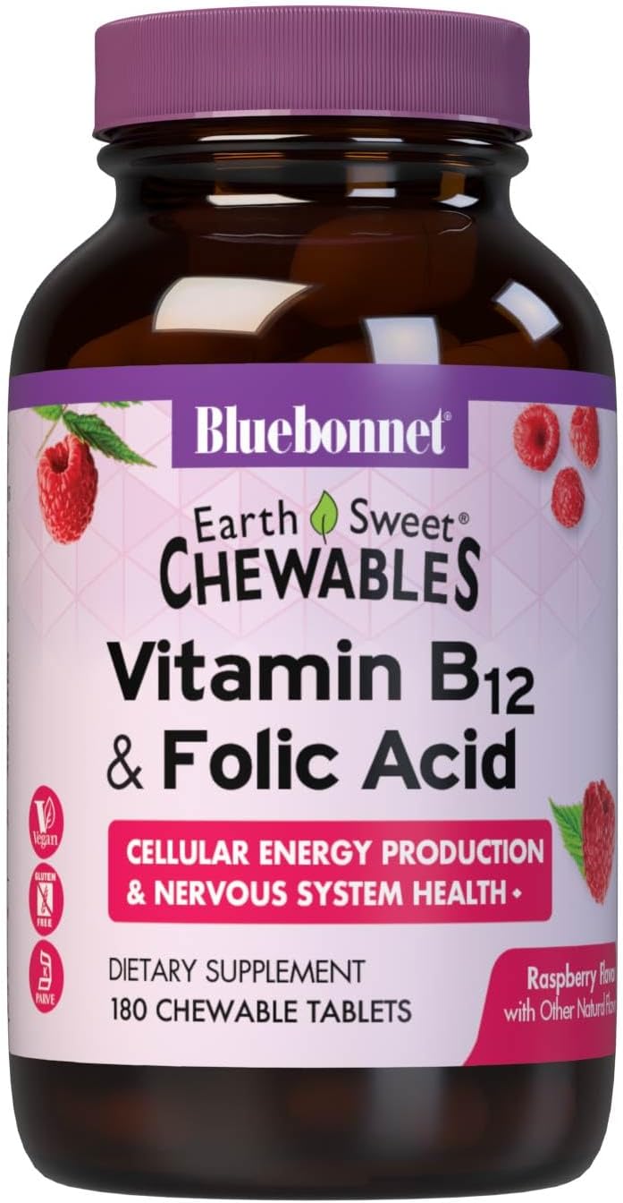 BlueBonnet Nutrition Earth Sweet Vitamin B12 1000 mcg & Folic Acid 400 mcg - Vegan, Gluten-Free Raspberry Chewable Tablets - 180 Count