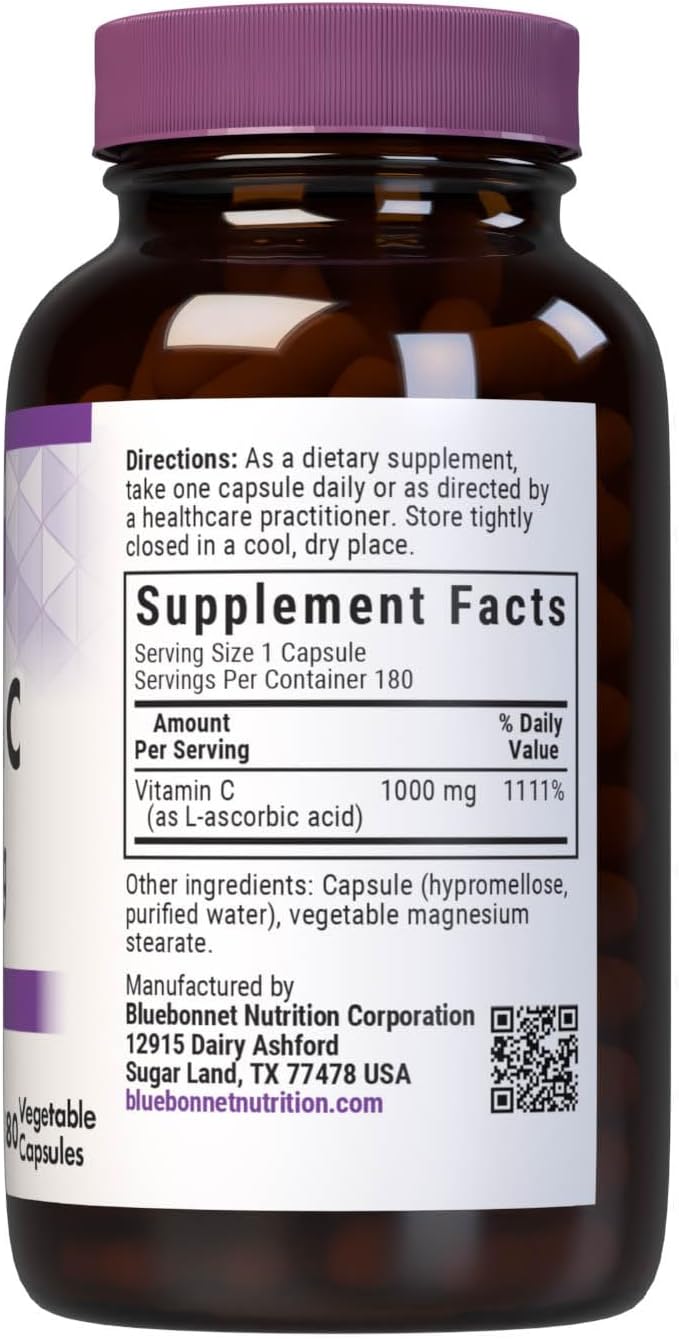 Bluebonnet Nutrition Vitamin C 1000 mg Vegetable Capsules – Ascorbic Acid for Immune and Skin Health