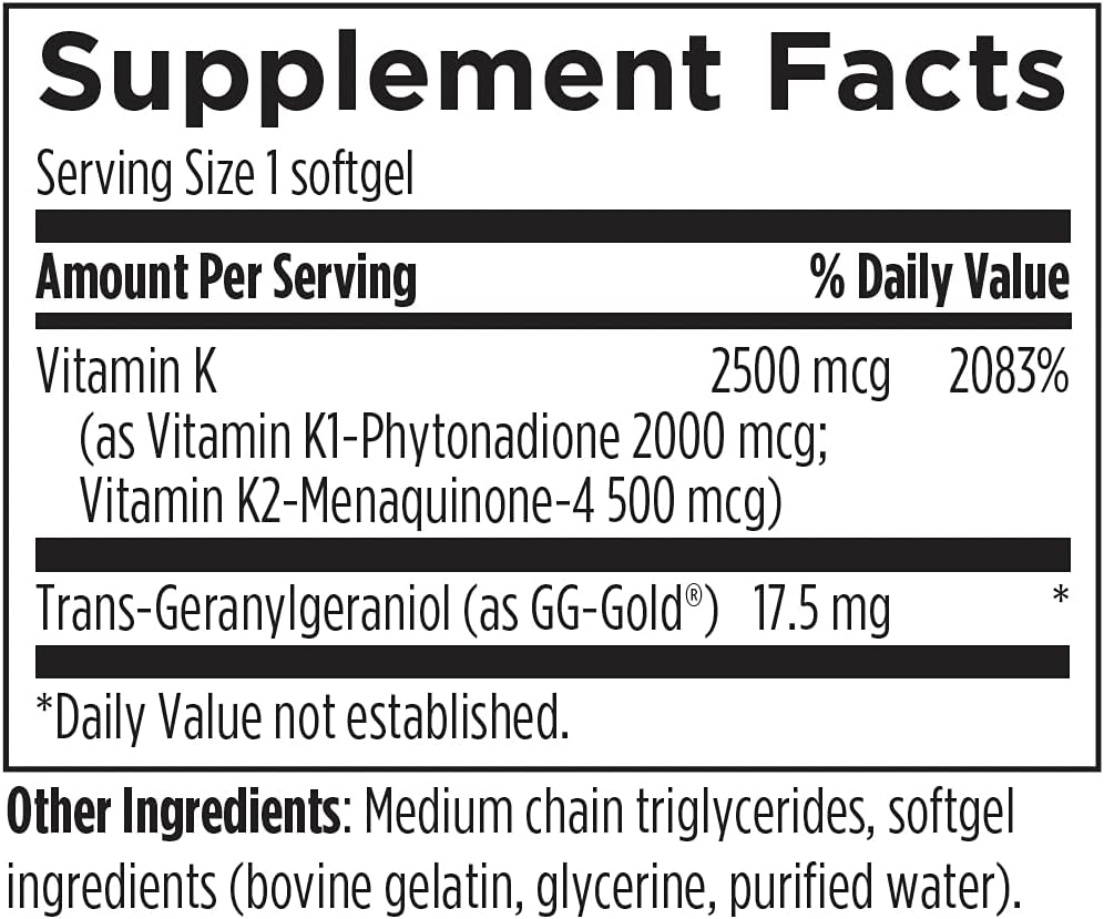 Designs for Health TRI-K - Three Forms of Vitamin K + GG, High Potency Supplement - 2000mcg Vitamin K1, 500mcg K2 MK-4 - Non-GMO + Gluten-Free (60 Softgels)