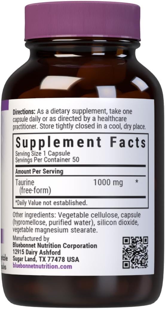 Bluebonnet Nutrition Taurine 1000 mg – Nervous System Support, Non-GMO, Vegan, Kosher, 50 Capsules