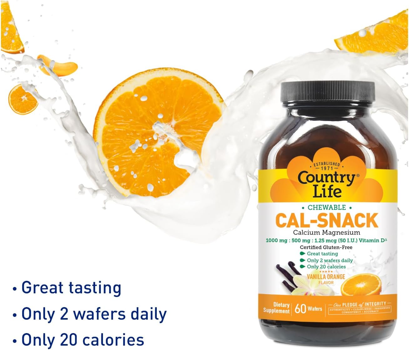 Country Life Cal-Snack Chewable Calcium, Magnesium & Vitamin D – 1000 mg / 500 mg / 50 IU – 60 Wafers