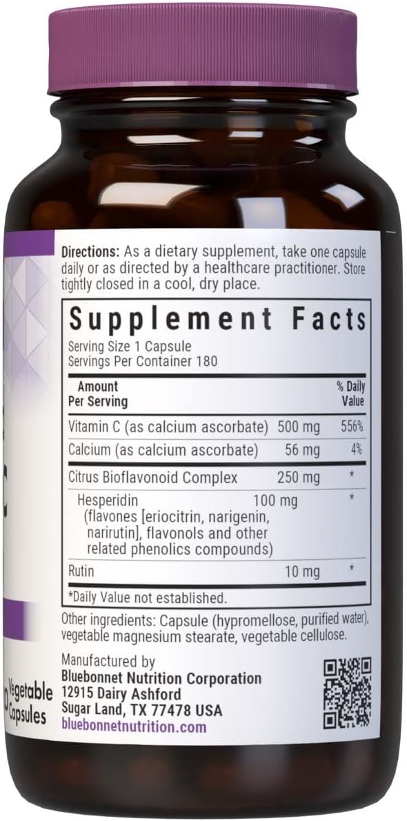 BlueBonnet Nutrition Buffered Vitamin C-500 mg Vegetable Capsules (Calcium Ascorbate) with Citrus Bioflavonoids & Rutin, 180 Count - görsel 2
